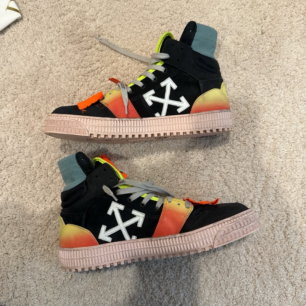 Off-White Kids Black and Neon Yellow High-Top Sneakers